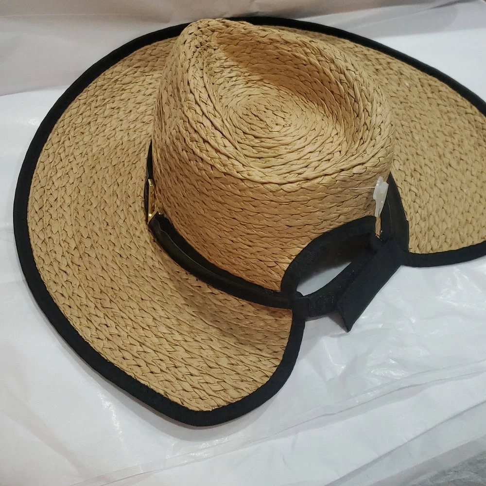 Vince Camuto tan and black ribbon trim straw fedora‎ summer UPF 50+ sun hat new